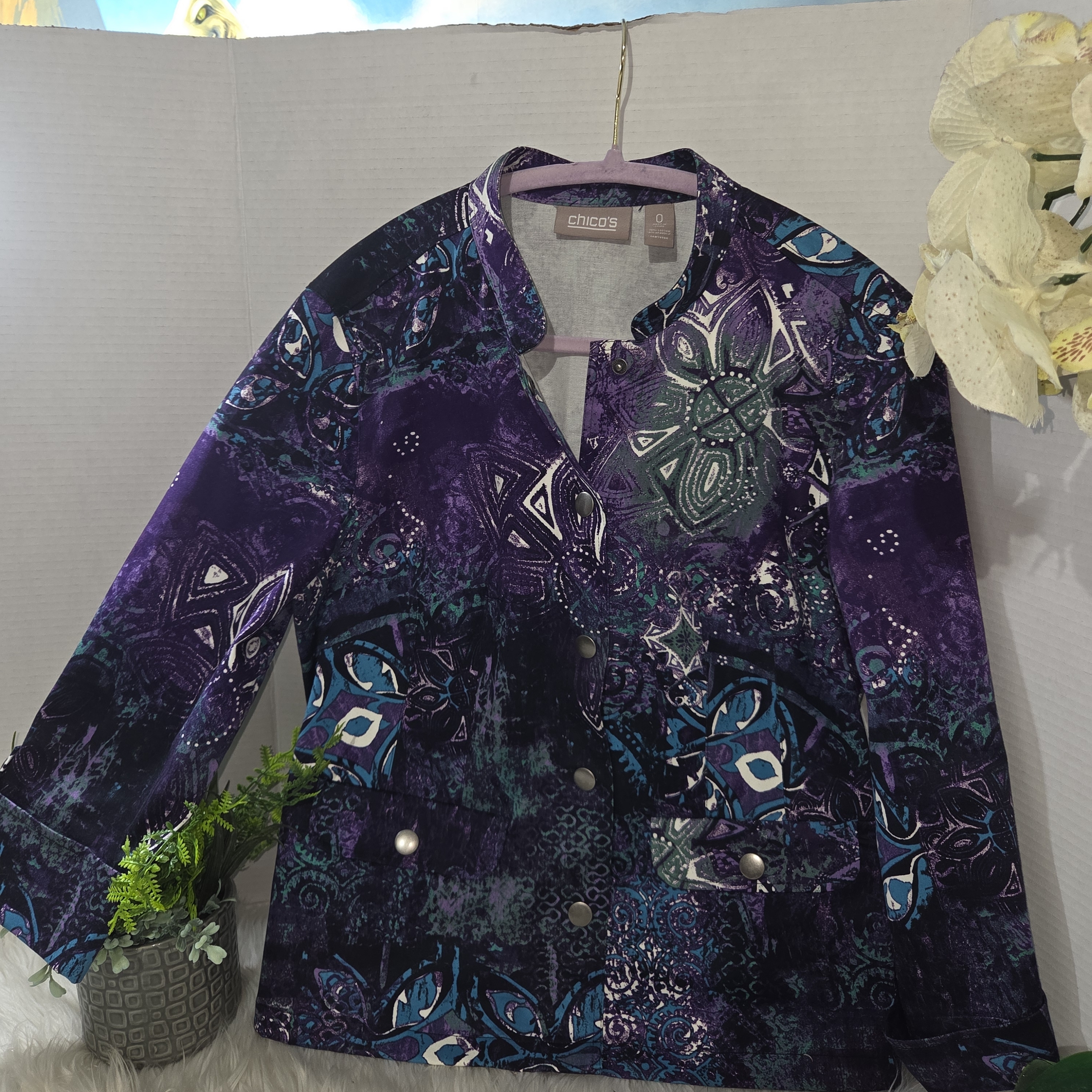Chico's Purple & Blue Abstract Print Lightweight Snap Button Women's Jacket